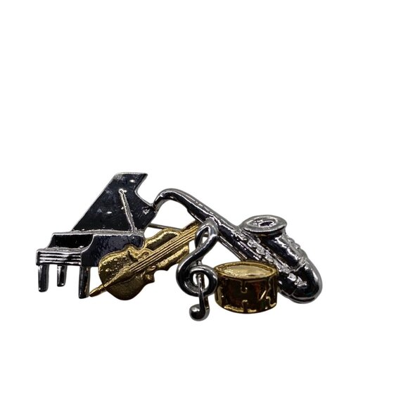Classic Music Notes Pin With Piano Saxophone & Drum Charms Silver/Gold Unisex - Picture 3 of 5